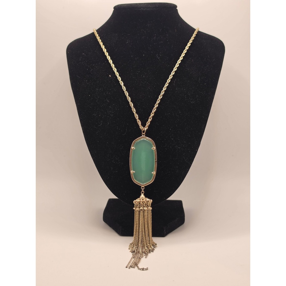 Kendra Scott Rayne Long Pendant Necklace Gold Green Stone Tassel Statement 34in